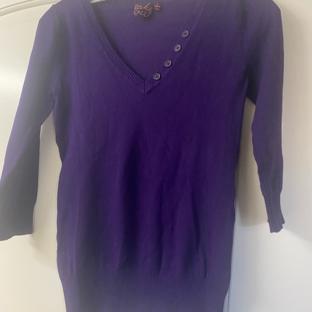 Purple V-Neck Sweater with Button Detail